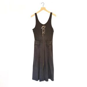 vtg mod lace up midi dress - 60s style soft black w contrast stitch - S/M